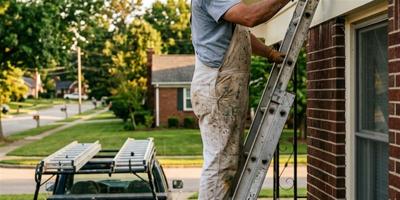 Painting contractor on a ladder working a residential exterior
