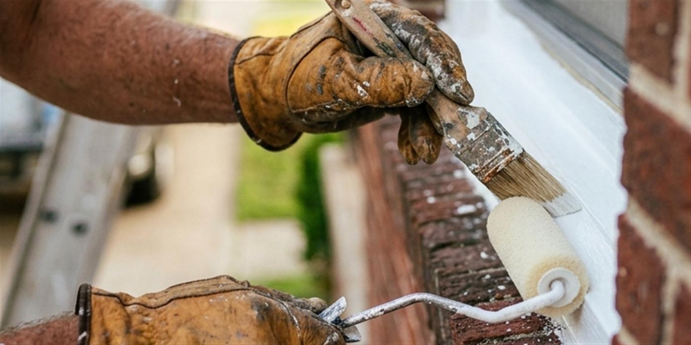 Painting contractor rolling trim paint on a residential exterior