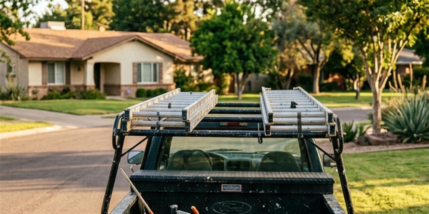Painting contractor's work truck loaded with ladders and paint buckets